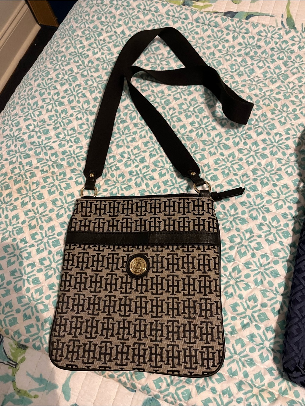 Tommy Hilfiger Black and Brown Monogram Crossbody Bag